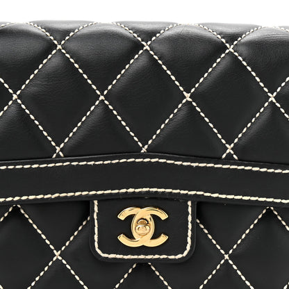Calfskin Quilted Wild Stitch Large Top Handle Flap Black