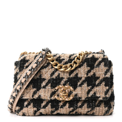 Tweed Houndstooth Quilted Medium Chanel 19 Flap Beige Black