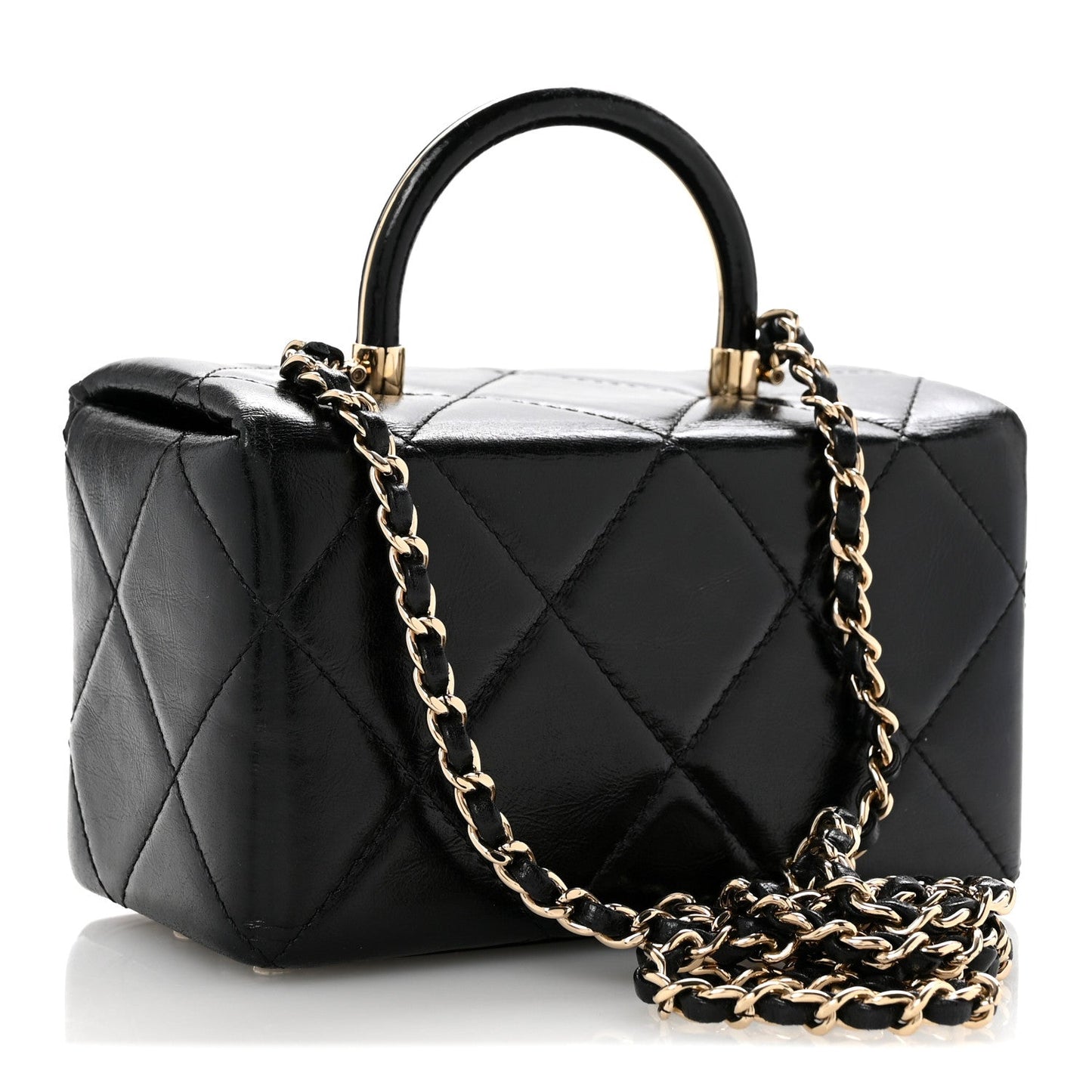 Shiny Calfskin Quilted Top Handle Box Bag Black