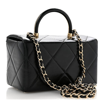 Shiny Calfskin Quilted Top Handle Box Bag Black