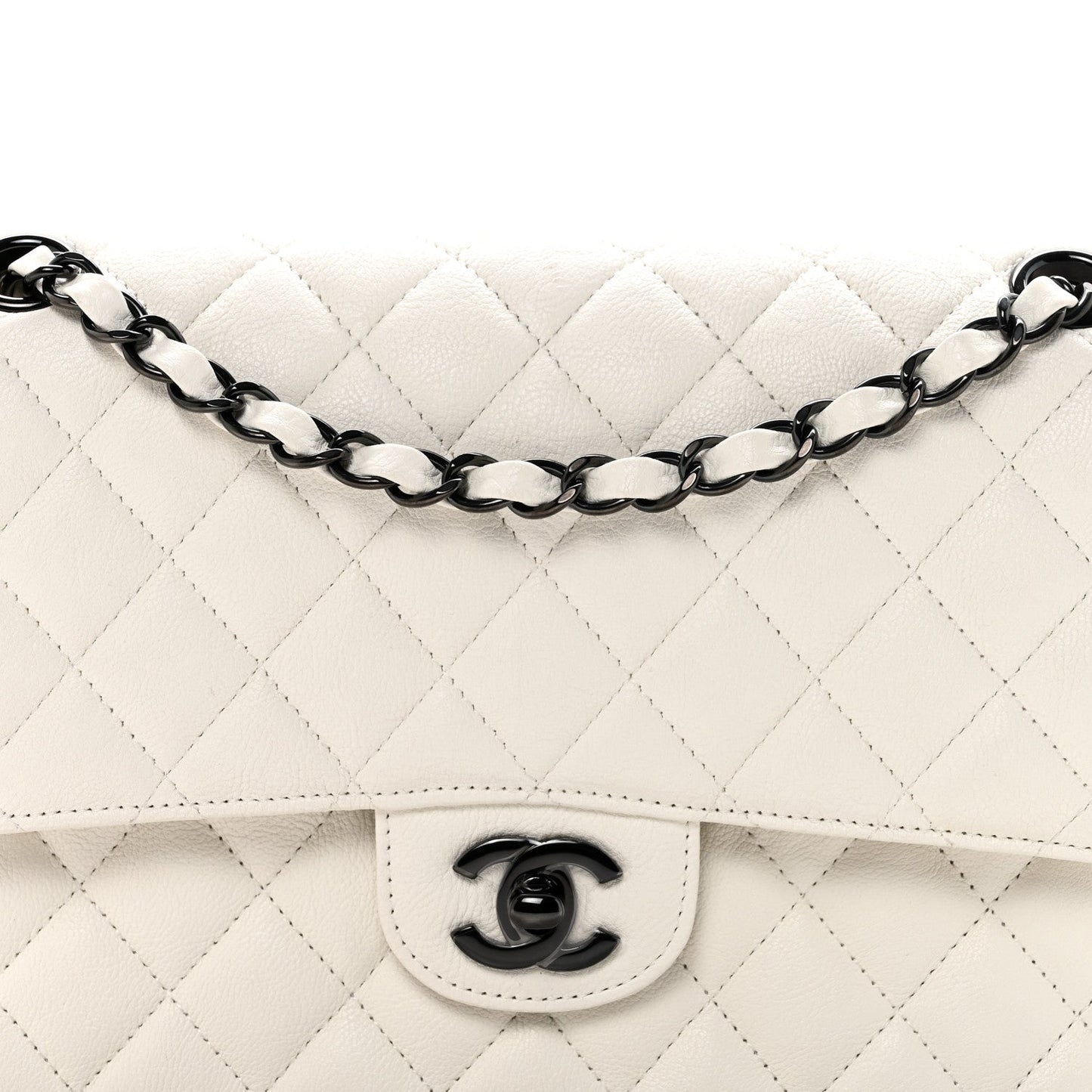 Crumpled Calfskin Quilted Medium Double Flap White
