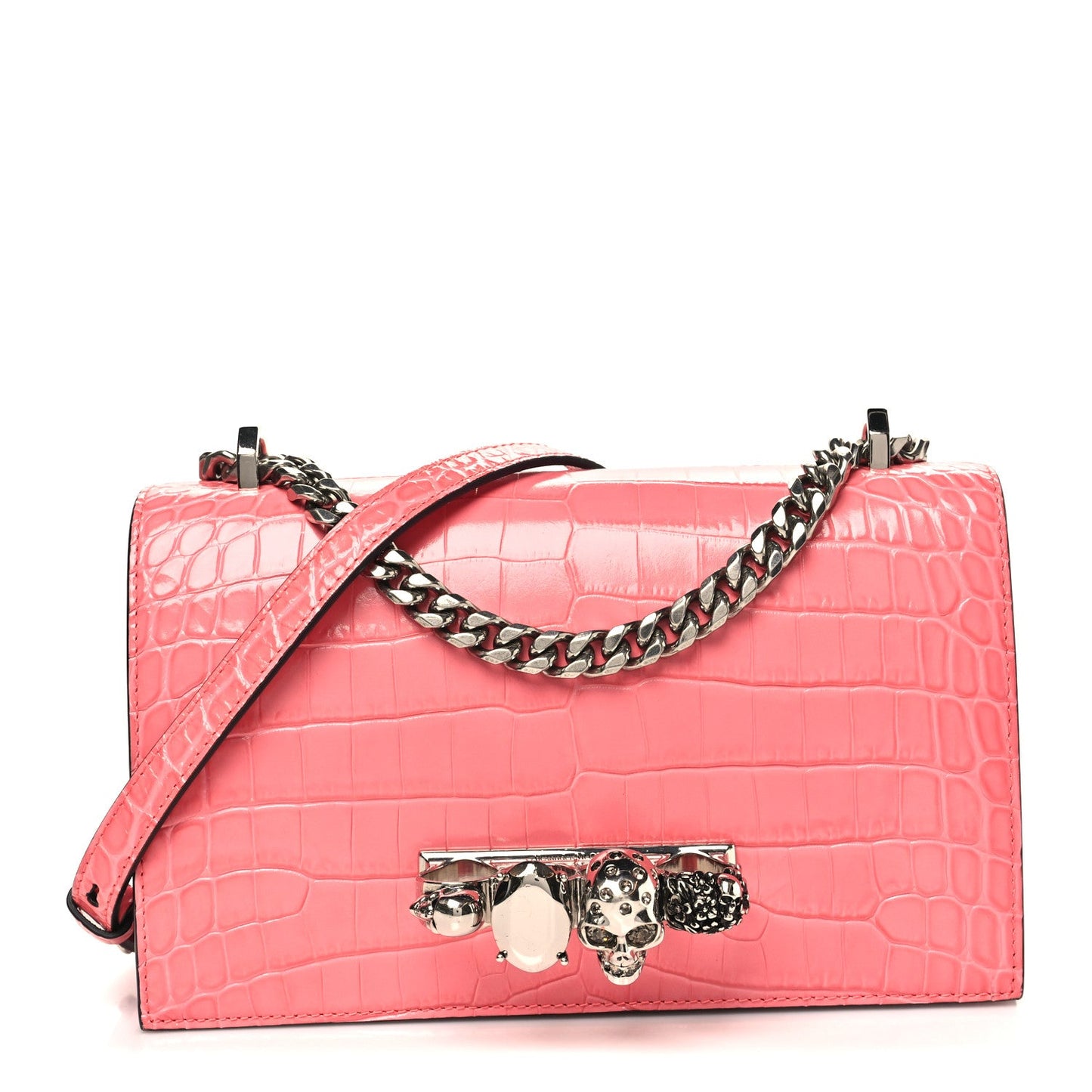 Shiny Crocodile Embossed Jeweled Satchel Pink