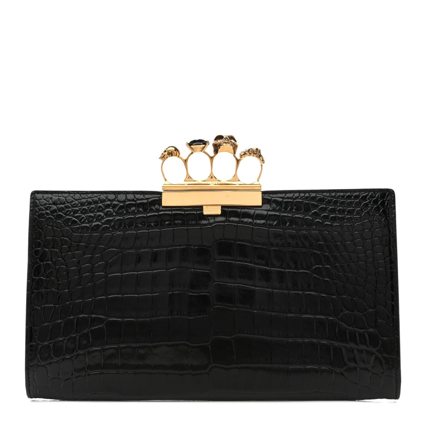 Calfskin Crocodile Embossed Knuckle Flat Clutch Black Gold