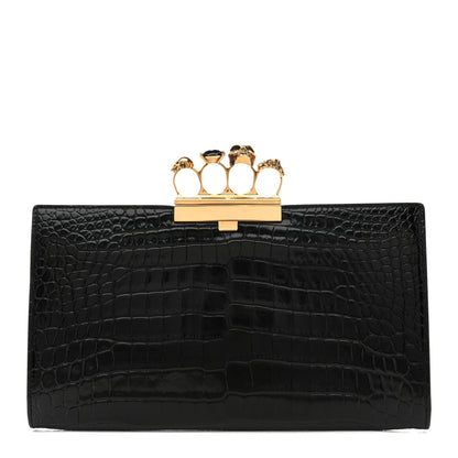 Calfskin Crocodile Embossed Knuckle Flat Clutch Black Gold