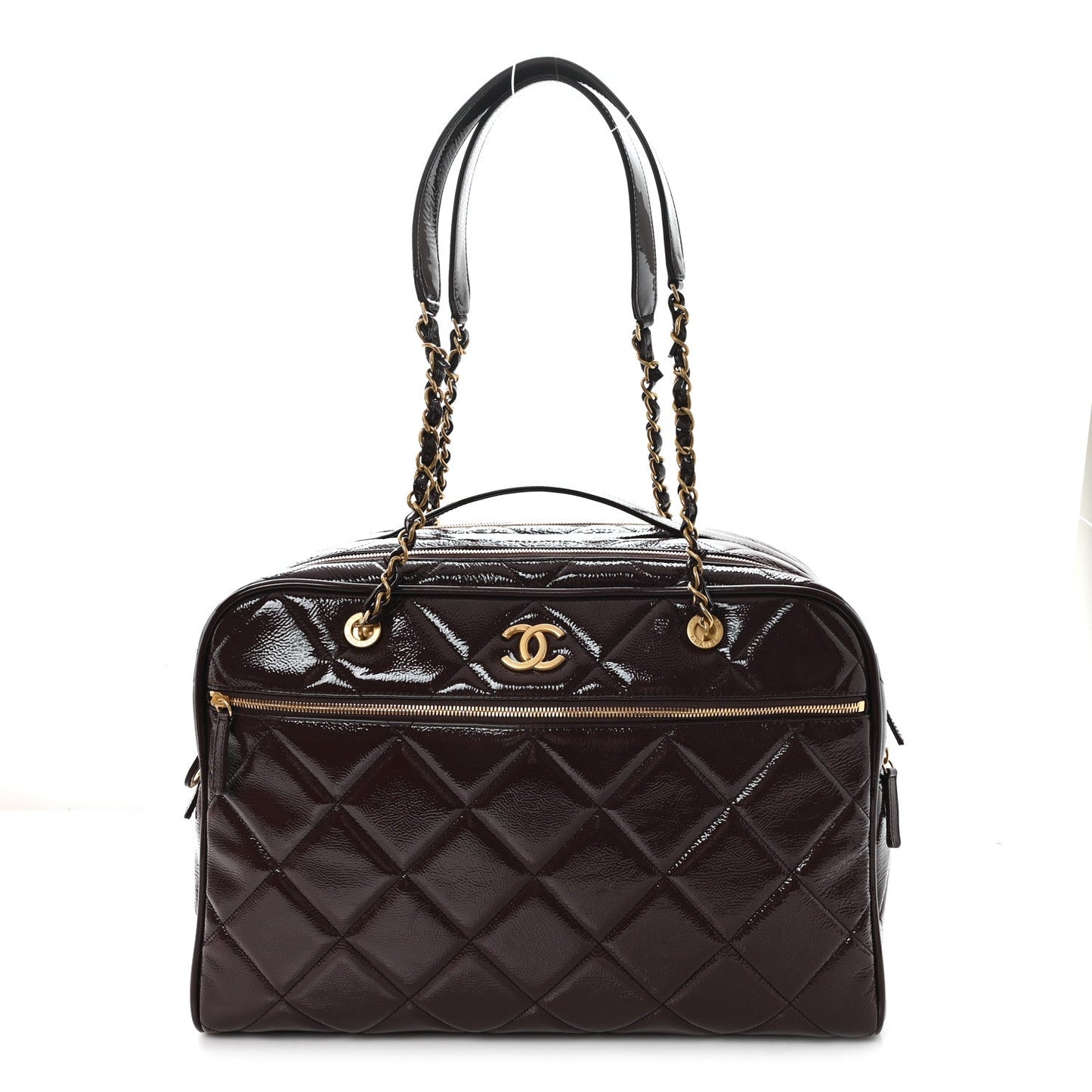Patent Crumpled Calfskin Quilted Travel Bowling Bag Dark Brown