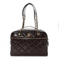 Patent Crumpled Calfskin Quilted Travel Bowling Bag Dark Brown
