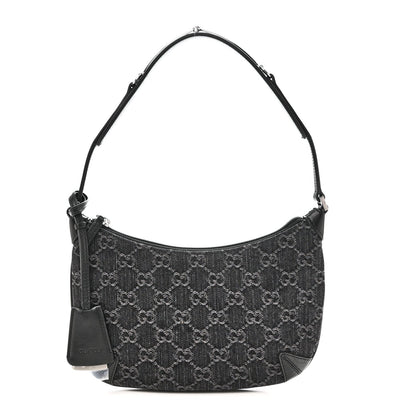Jacquard Black Denim GG Monogram Horsebit Slim Small Shoulder Bag Black Grey