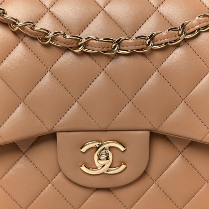 Lambskin Quilted Jumbo Double Flap Dark Beige