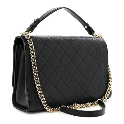 Grained Calfskin Quilted Large Label Click Flap Bag Black