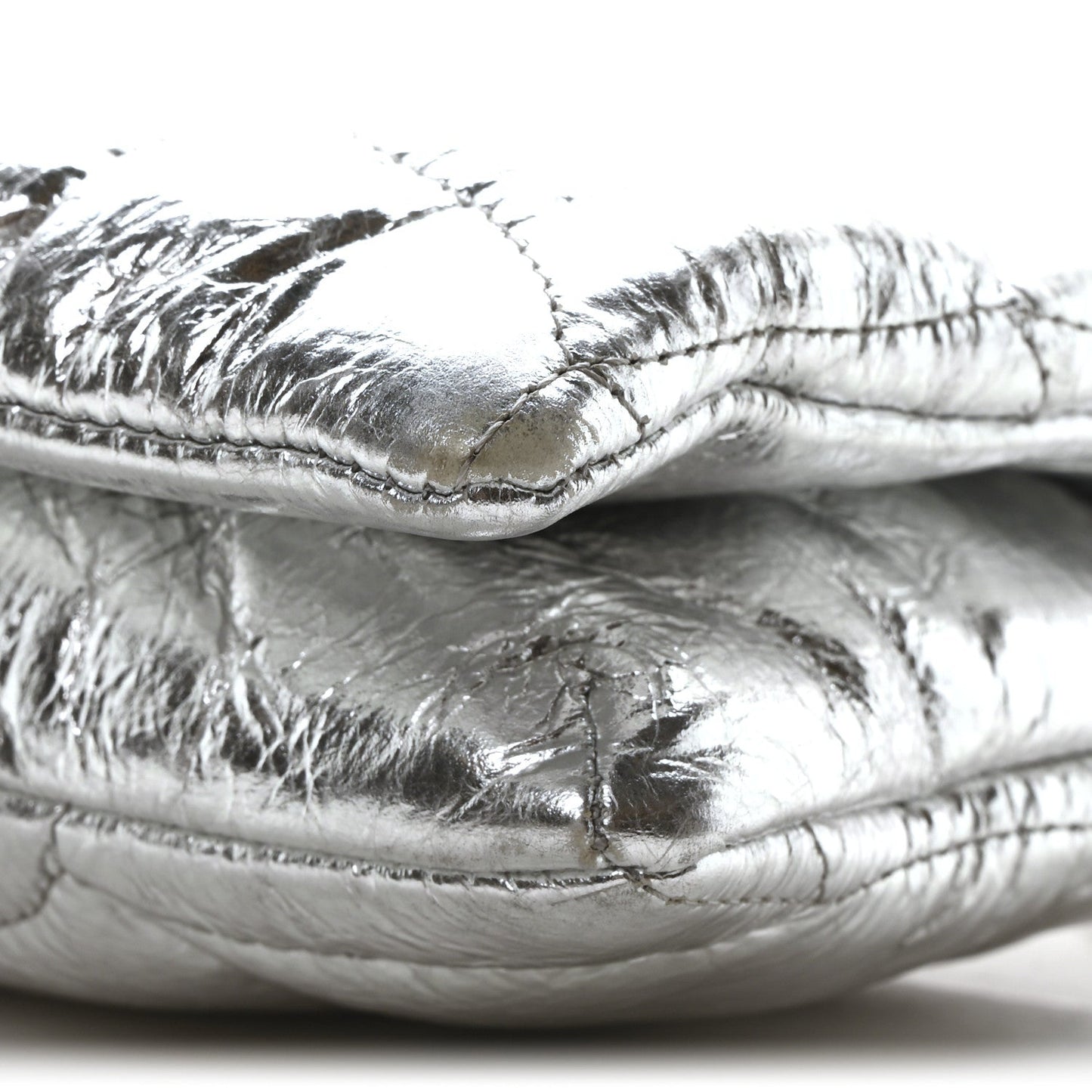 Metallic Crinkled Nappa Pillow Quilted Tiny Softie Bag Silver