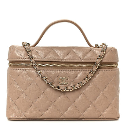 Caviar Quilted Top Handle Slim Vanity With Chain Dark Beige