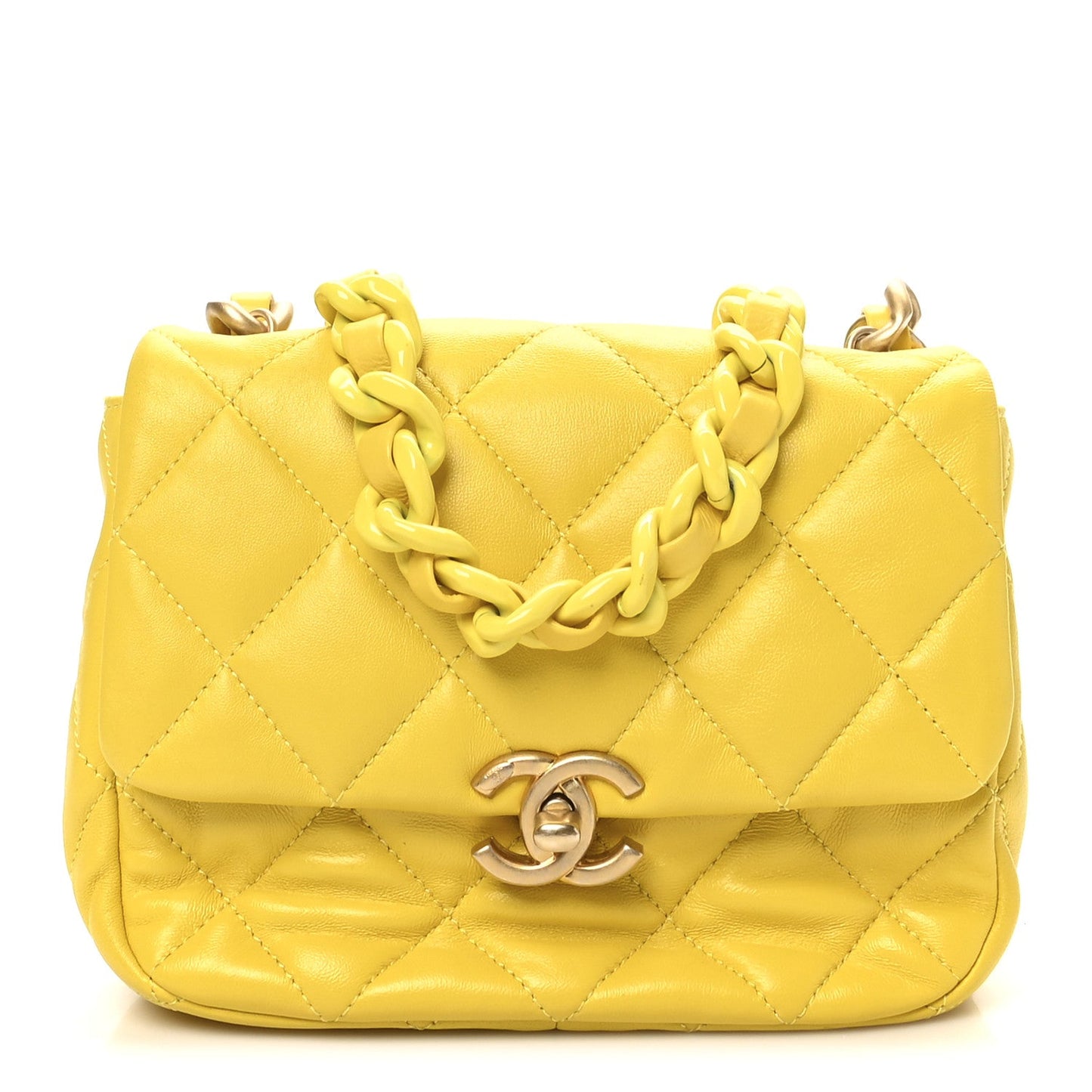 Lambskin Quilted Mini Lacquered Chain Flap Yellow