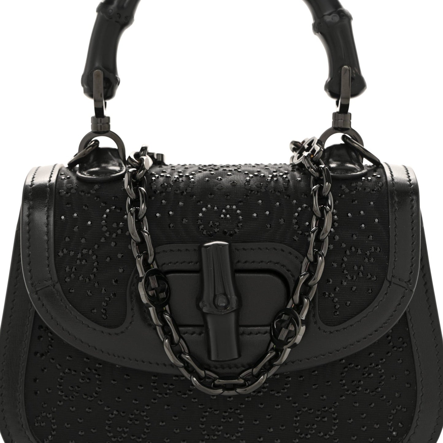 Moire Fabric Calfskin Rhinestone Monogram Monochrome Mini Bamboo 1947 Top Handle Chain Bag Black
