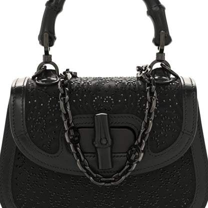 Moire Fabric Calfskin Rhinestone Monogram Monochrome Mini Bamboo 1947 Top Handle Chain Bag Black