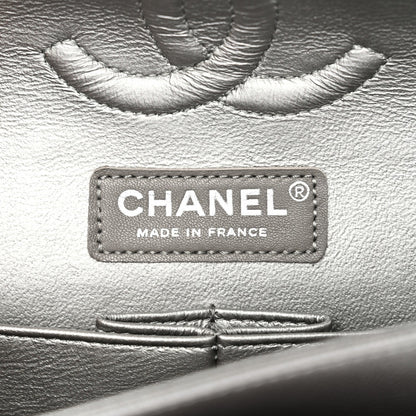 Metallic Caviar Chevron Quilted Medium Double Flap Silver