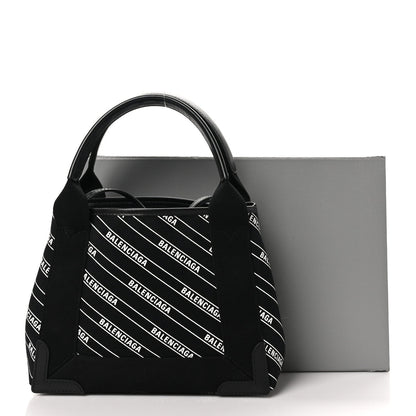 Cotton Canvas Calfskin Logo Print Navy Cabas XS Black White