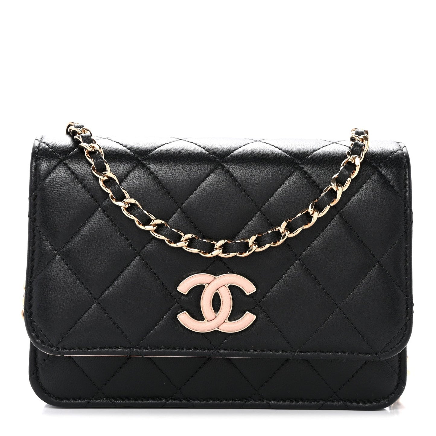 Lambskin Quilted Mini Wallet on Chain WOC Black Pink