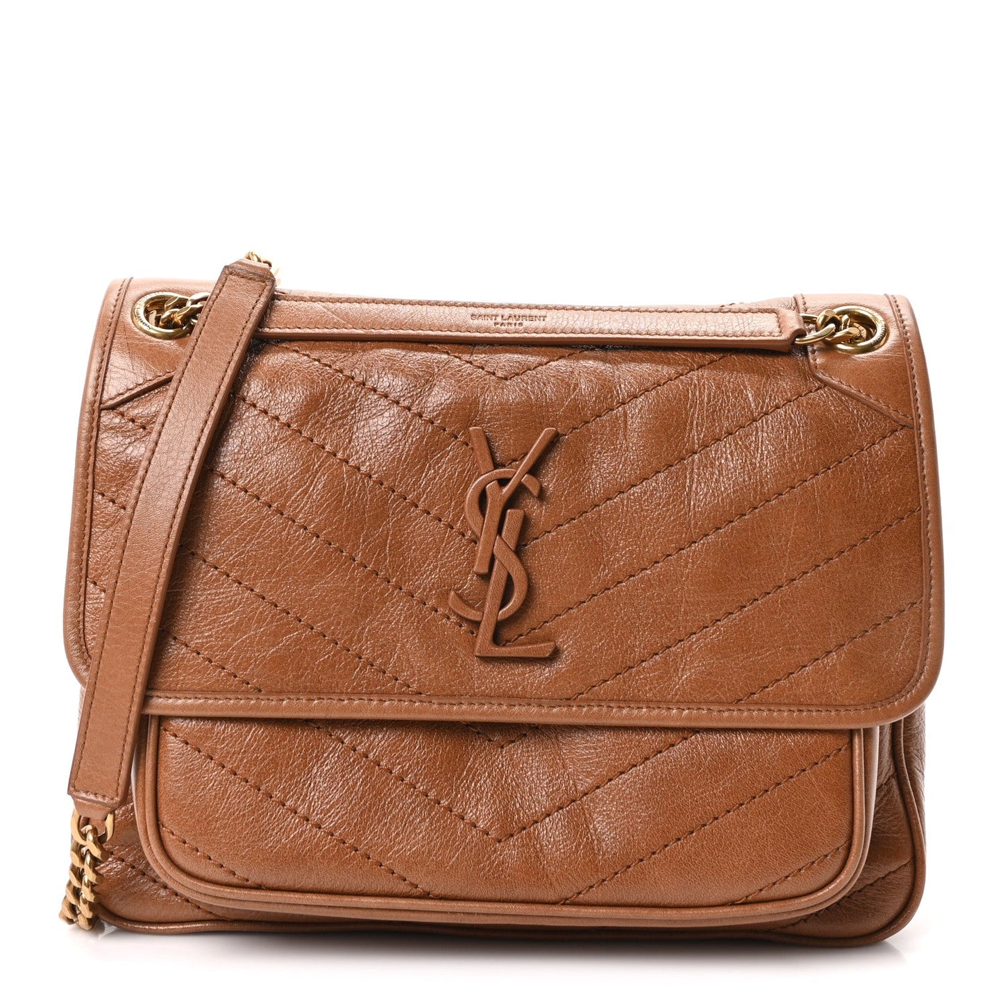 Crinkled Calfskin Matelasse Monogram Medium Niki Chain Satchel Caramel