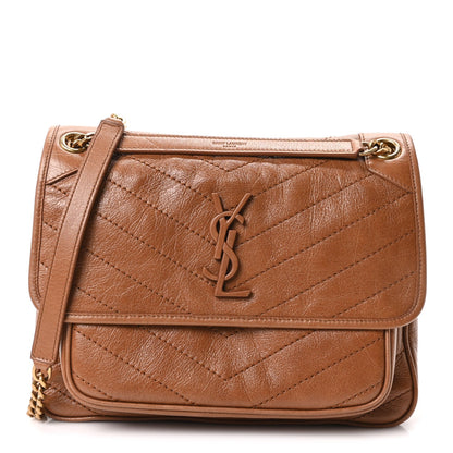 Crinkled Calfskin Matelasse Monogram Medium Niki Chain Satchel Caramel