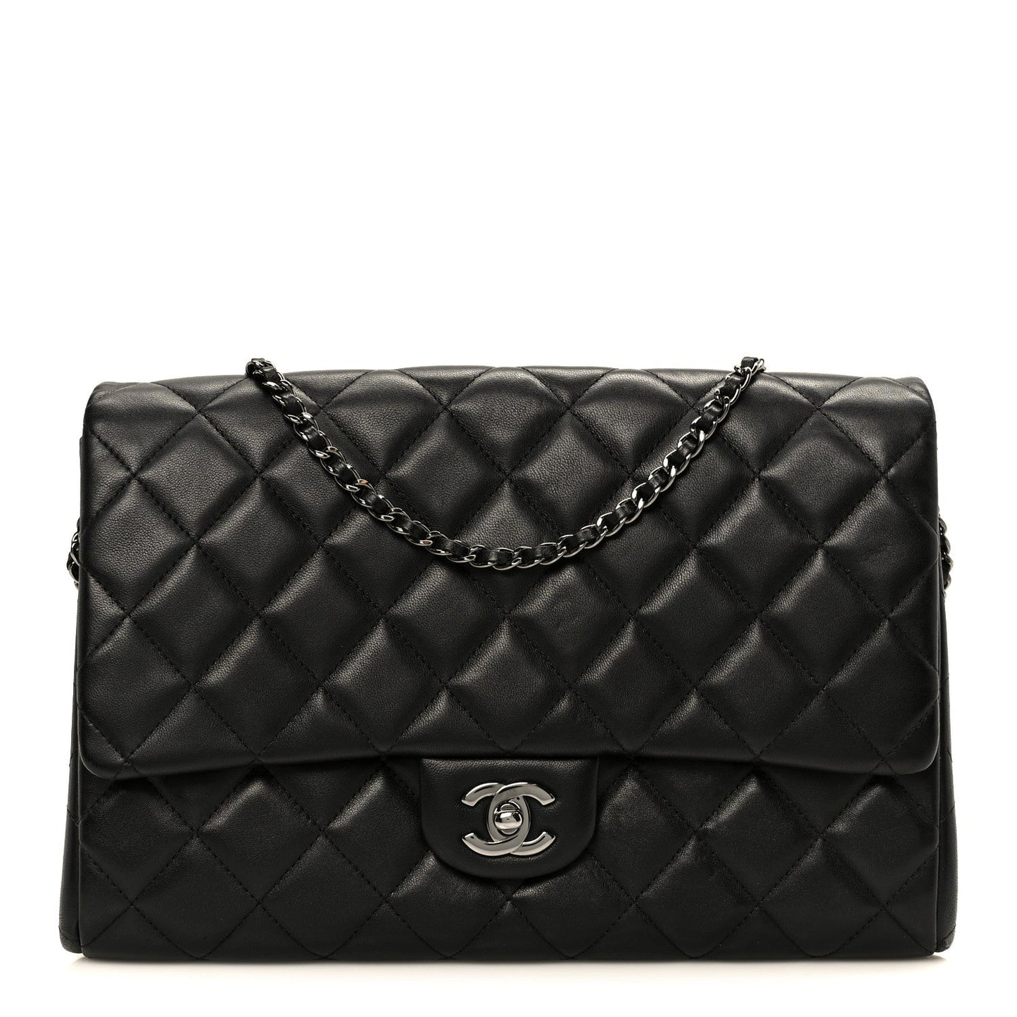 Lambskin Quilted Clutch With Chain Flap Black