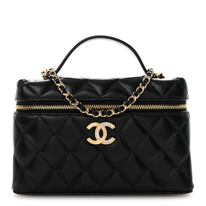 Lambskin Quilted Crystal Ridged CC Top Handle Slim Vanity Case With Chain Black