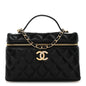 Lambskin Quilted Crystal Ridged CC Top Handle Slim Vanity Case With Chain Black