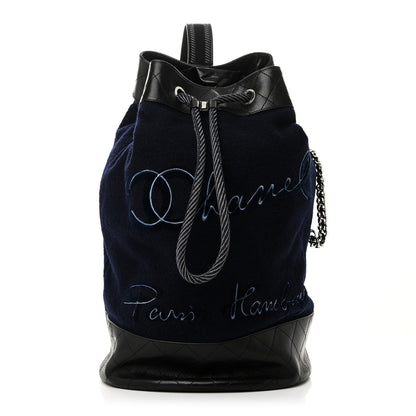 Wool Calfskin Embroidered Paris Hamburg Drawstring Backpack Navy Blue