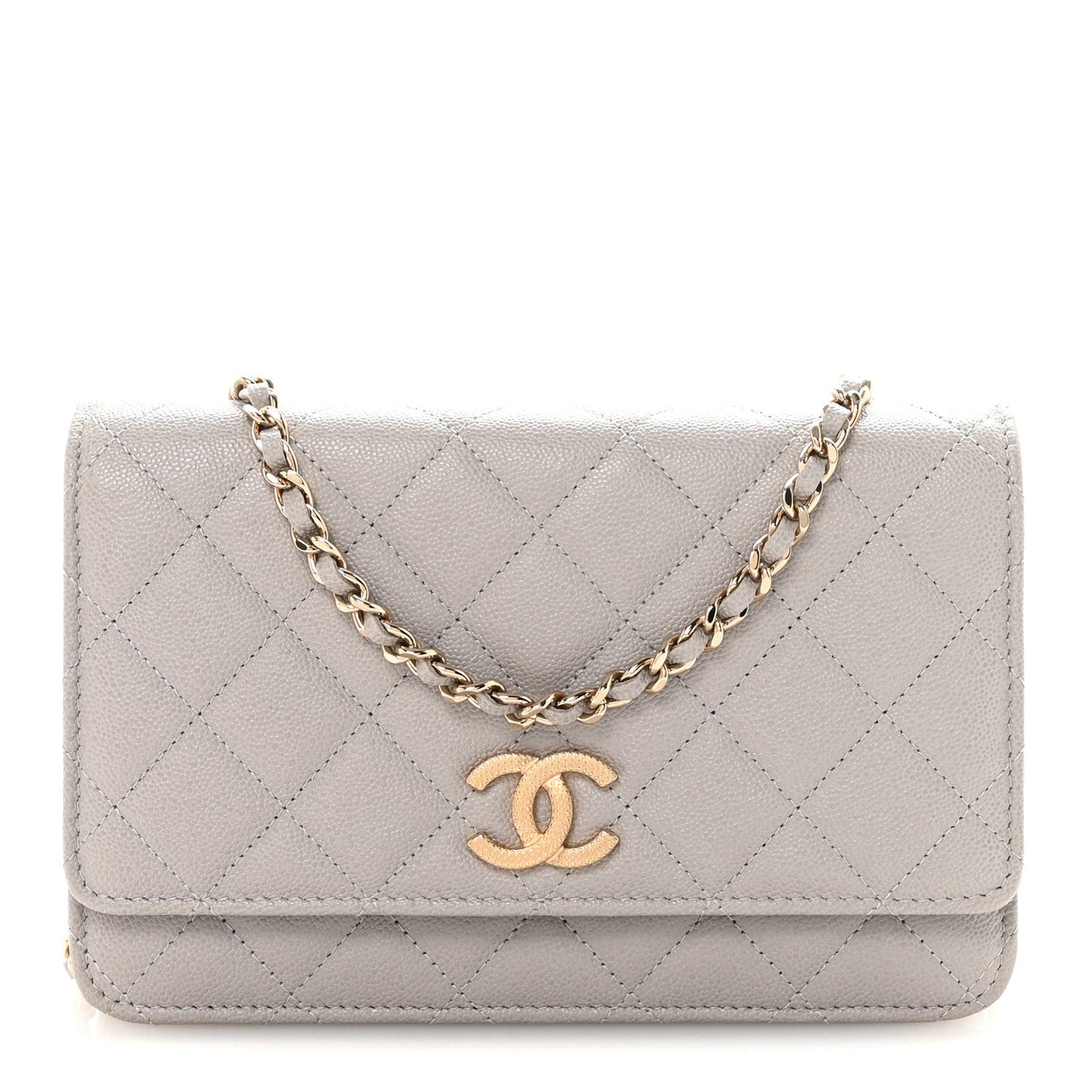 Caviar Quilted Studded CC Wallet On Chain WOC Grey