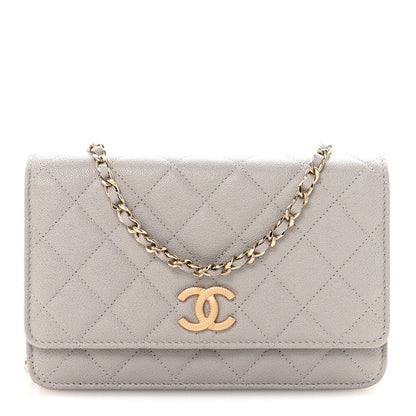 Caviar Quilted Studded CC Wallet On Chain WOC Grey