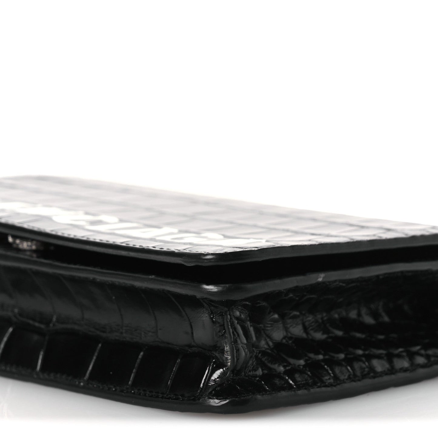Shiny Calfskin Logo Crocodile Embossed Ville Wallet on Chain Black