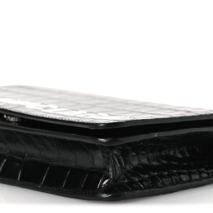 Shiny Calfskin Logo Crocodile Embossed Ville Wallet on Chain Black