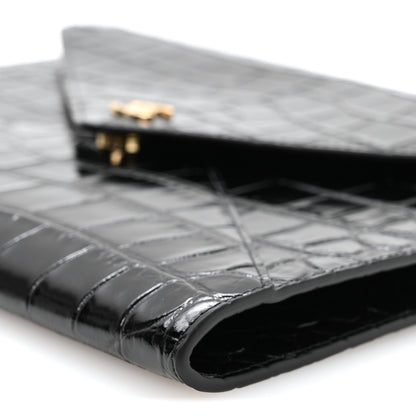 Calfskin Crocodile Embossed Croc Illusion Clutch With Chain Black