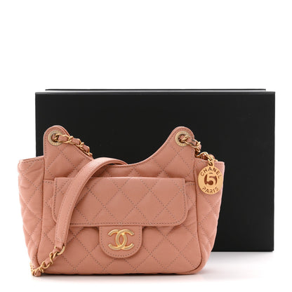 Caviar Quilted Small Wavy CC Hobo Coral