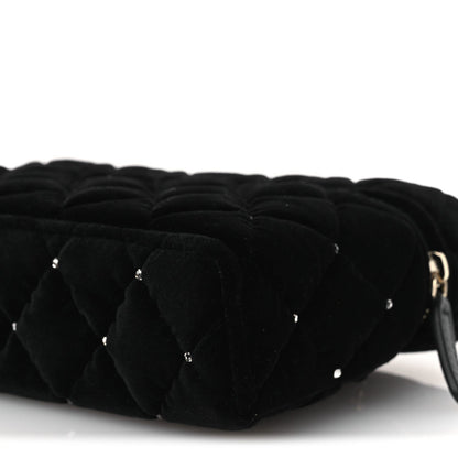 Velvet Diamanté Quilted Top Handle Slim Vanity Case With Chain Black