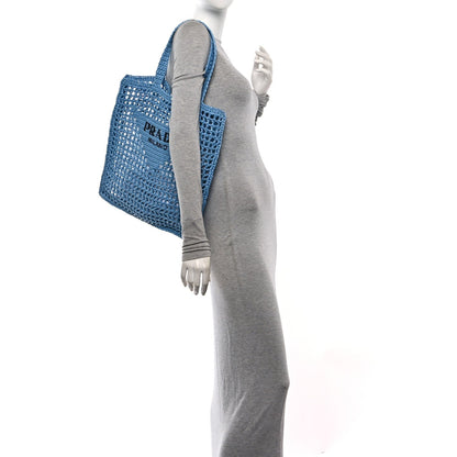 Yarn Raffia Effect Crochet Logo Embroidered Tote Bag Celeste