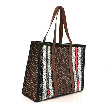 E-Canvas Monogram Stripe Book Tote Black Bridle Brown