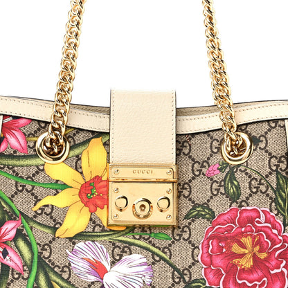 GG Supreme Monogram Flora Textured Calfskin Small Padlock Tote Beige Ebony Multicolor Mystic White