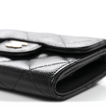 Caviar Quilted Flap Card Holder On Chain Black
