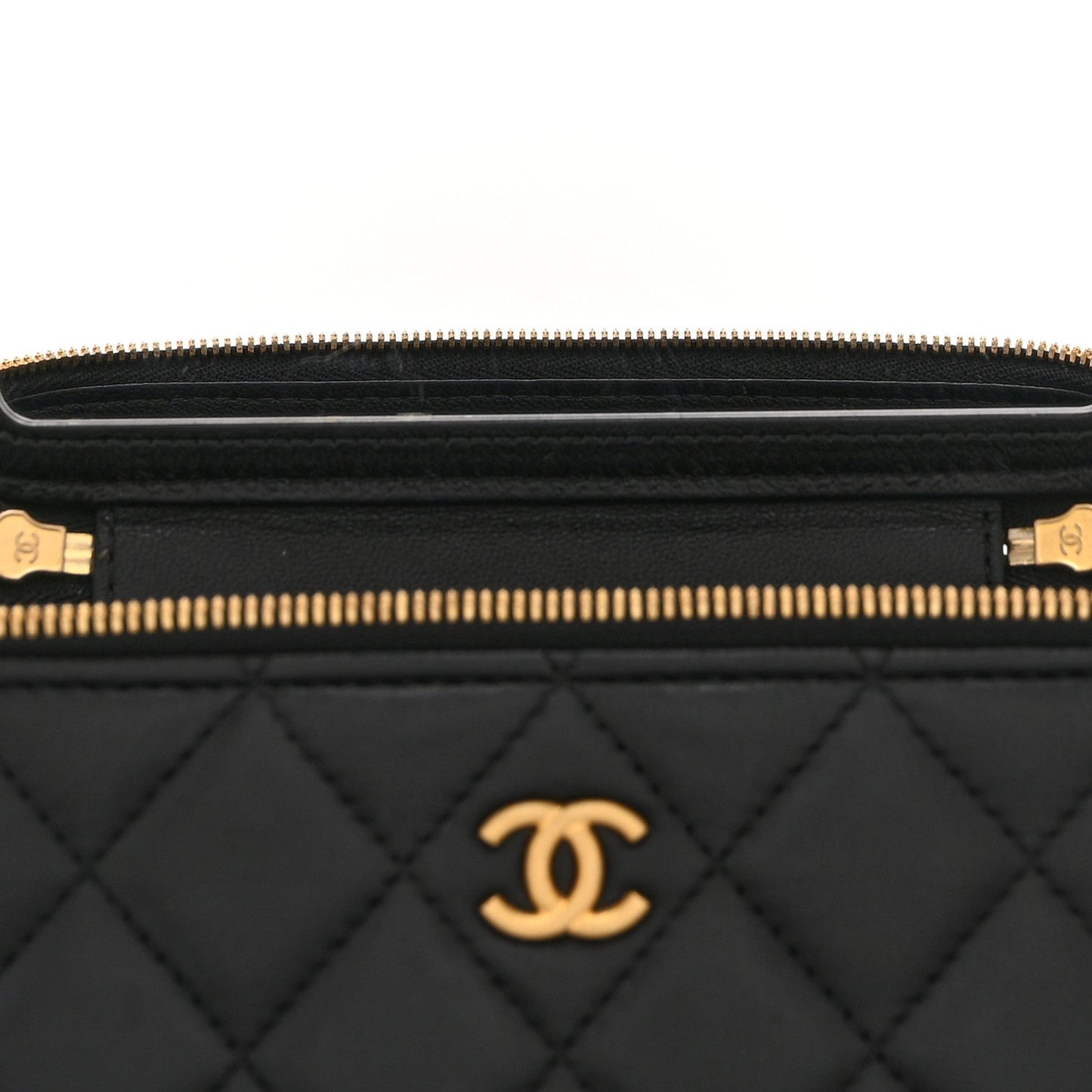 Lambskin Enamel Quilted Small Coco Hearts Vanity Case With Chain Black