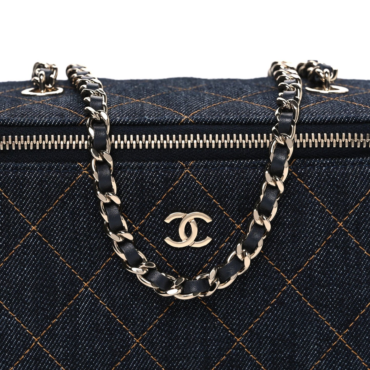 Denim Quilted Small Vanity Case With Chain Dark Blue Orange