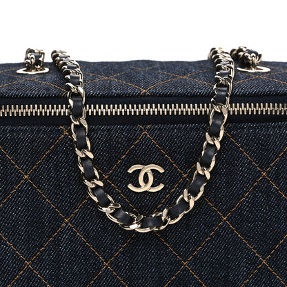 Denim Quilted Small Vanity Case With Chain Dark Blue Orange