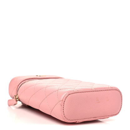 Caviar Quilted Phone Holder With Chain Pink