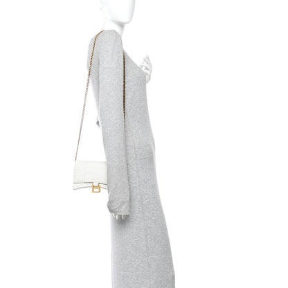 Shiny Calfskin Crocodile Embossed Hourglass Chain Bag White