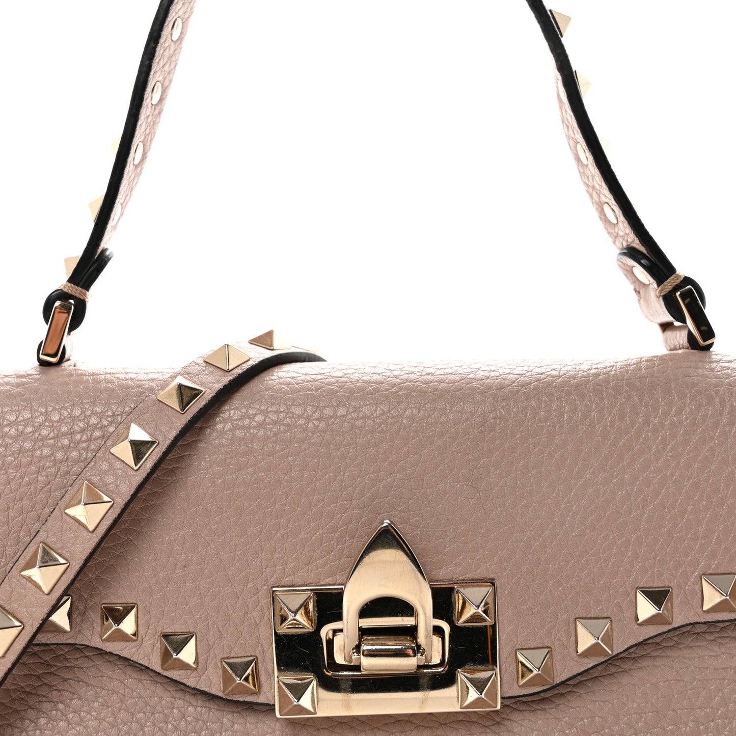 Pebbled Calfskin Medium Rockstud Top Handle Shoulder Bag Poudre