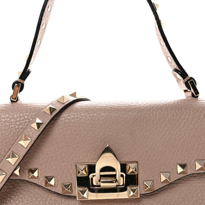 Pebbled Calfskin Medium Rockstud Top Handle Shoulder Bag Poudre