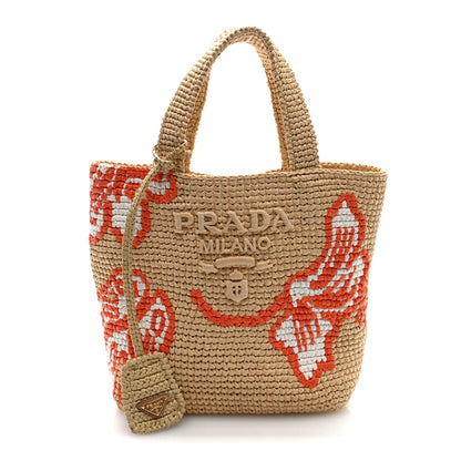 Yarn Raffia Effect Crochet Embroidered Floral Logo Tote Naturale Aranci