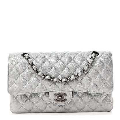 Metallic Caviar Quilted Medium Double Flap Silvery