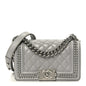 Iridescent Lambskin Quilted Small Chain Around Boy Flap Grey