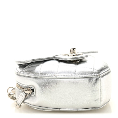 Metallic Lambskin Quilted CC In Love Heart Clutch With Chain Silver