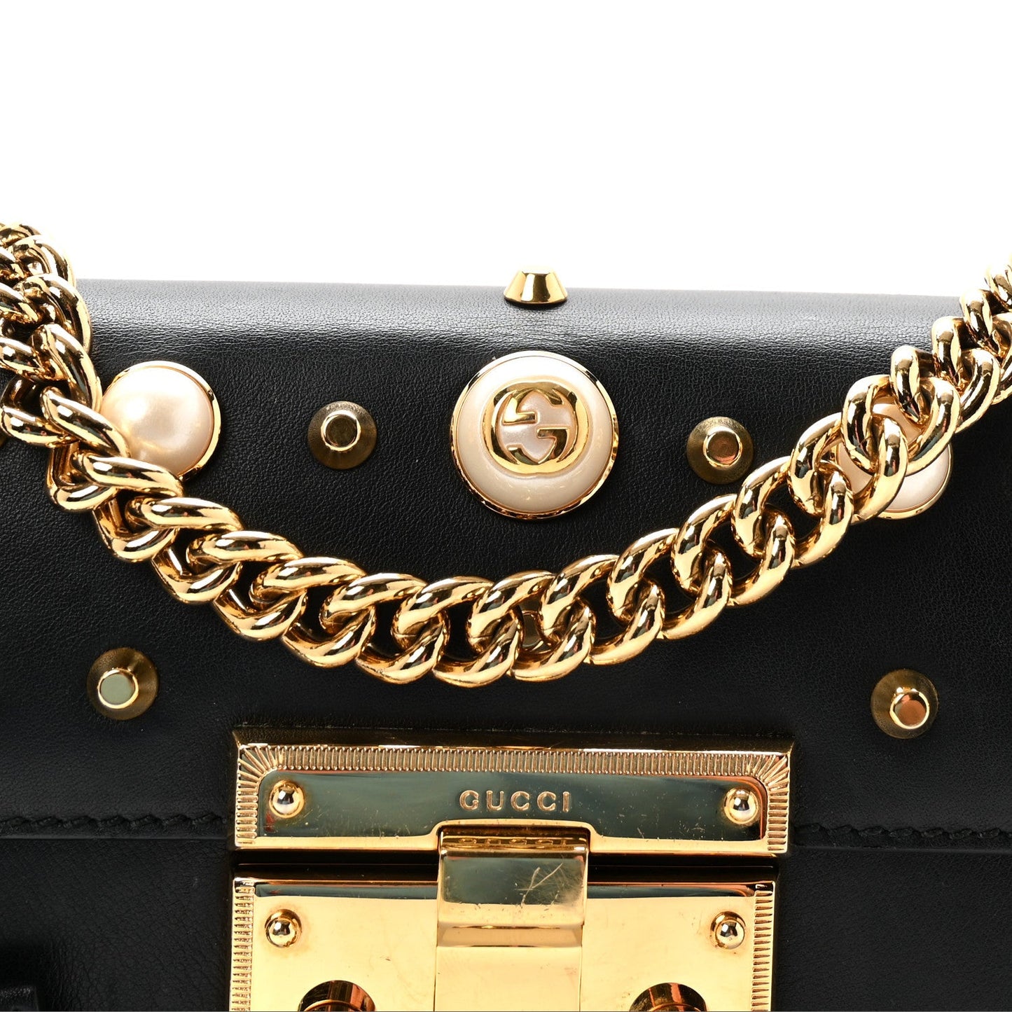 Calfskin Studded Small Padlock Shoulder Bag Black